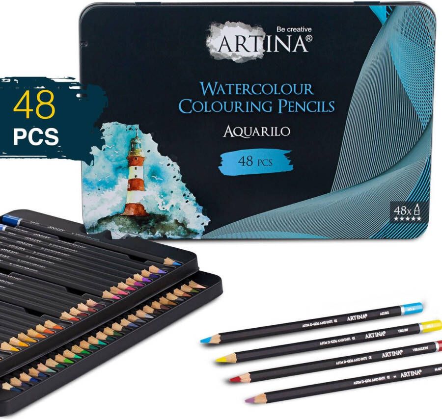 Artina Aquarilo aquarelpotloden set van 48 kleurpotloden FSC gecertificeerde Potloden wateroplosbare houten stiften hoog gepigmenteerd