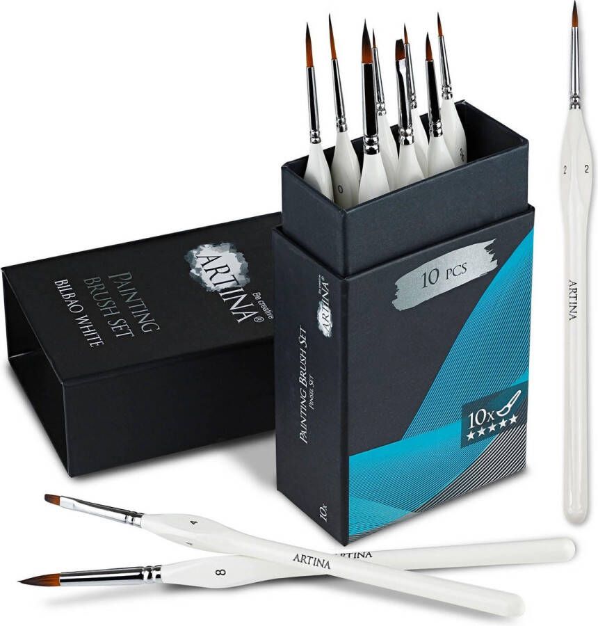 Artina Bilbao Premium Penseel Set van 10 Penselen met Ergonomische Houten Handgreep Fijne Penselen als Ronde Penseel Platte Penseel & Lining Penseel met Nylon Haar – voor nagels en modelbouw