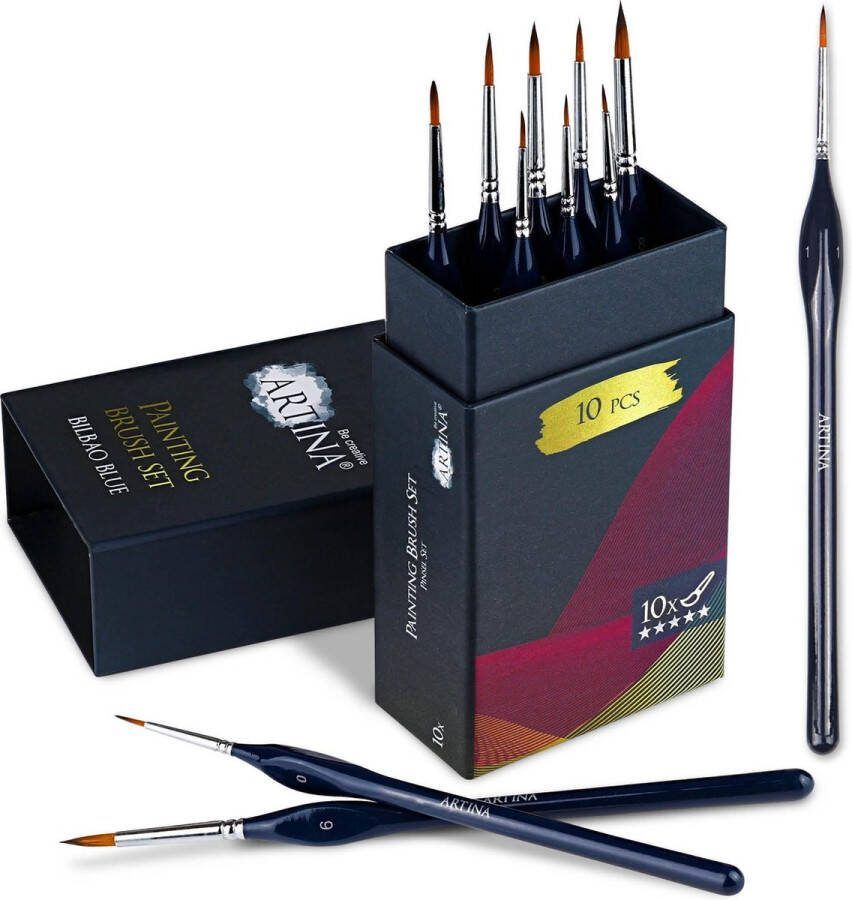 Artina Bilbao Premium Penseel Set van 10 Penselen met Ergonomische Houten Handvat Fijne Acryl Penselen Nagels Ronde Penseel Set voor Modelbouw Detail brush met nylonhaar