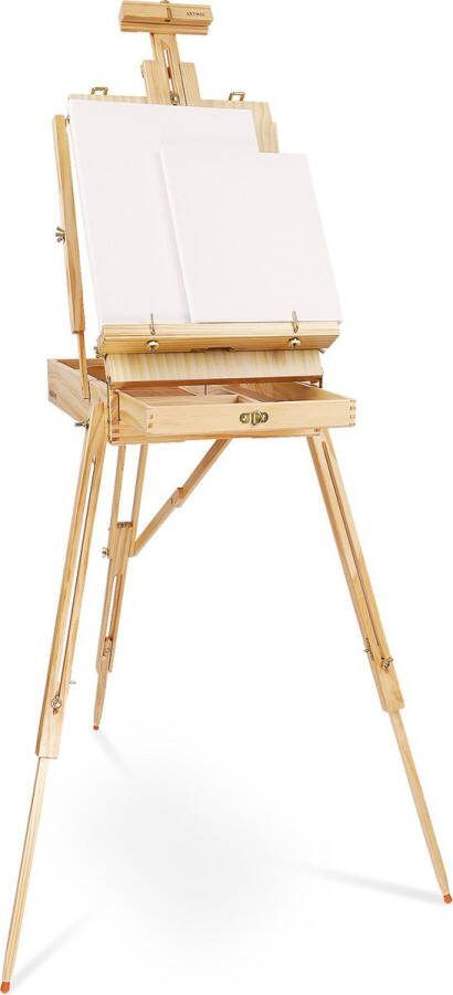 Artina Houten Schilderezel Madrid – 2in1 Dennenhout Tafelezel en Schilderkoffer voor Schildersdoeken tot 100cm Kofferezel met 90° Neiging en Houten Pallet