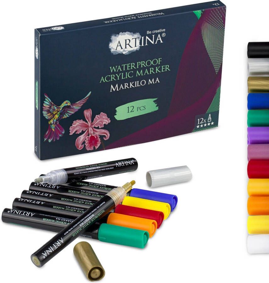 Artina Markilo MA Set van 12 Acryl Markers Acryl Pennen – Stiften voor volwassenen Inkt Markeerstiften voor Papier Glas Keramiek Stenen Hout Metaal