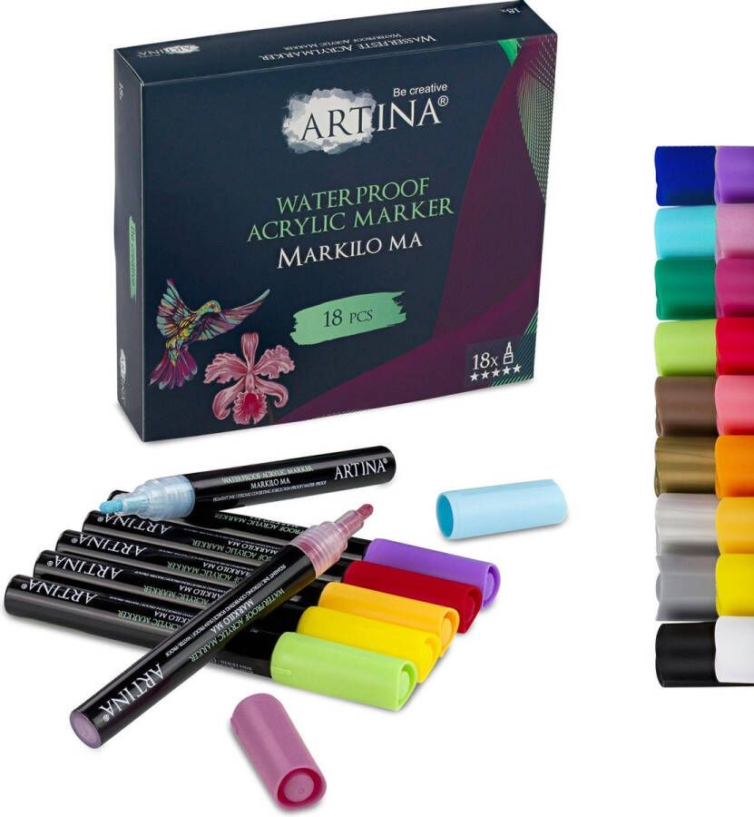 Artina Markilo MA Set van 18 Acryl Markers Acryl Pennen – Stiften voor volwassenen Inkt Markeerstiften voor Papier Glas Keramiek Stenen Hout Metaal