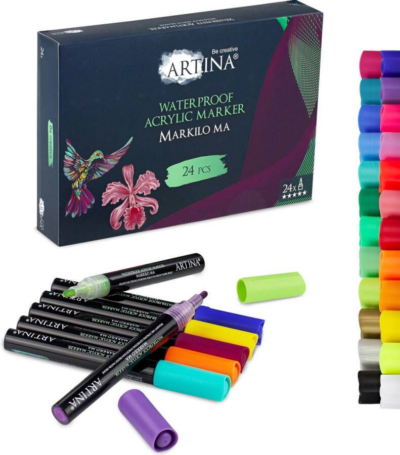 Artina Markilo MA Set van 24 Acryl Markers Acryl Pennen – Stiften voor volwassenen Inkt Markeerstiften voor Papier Glas Keramiek Stenen Hout Metaal