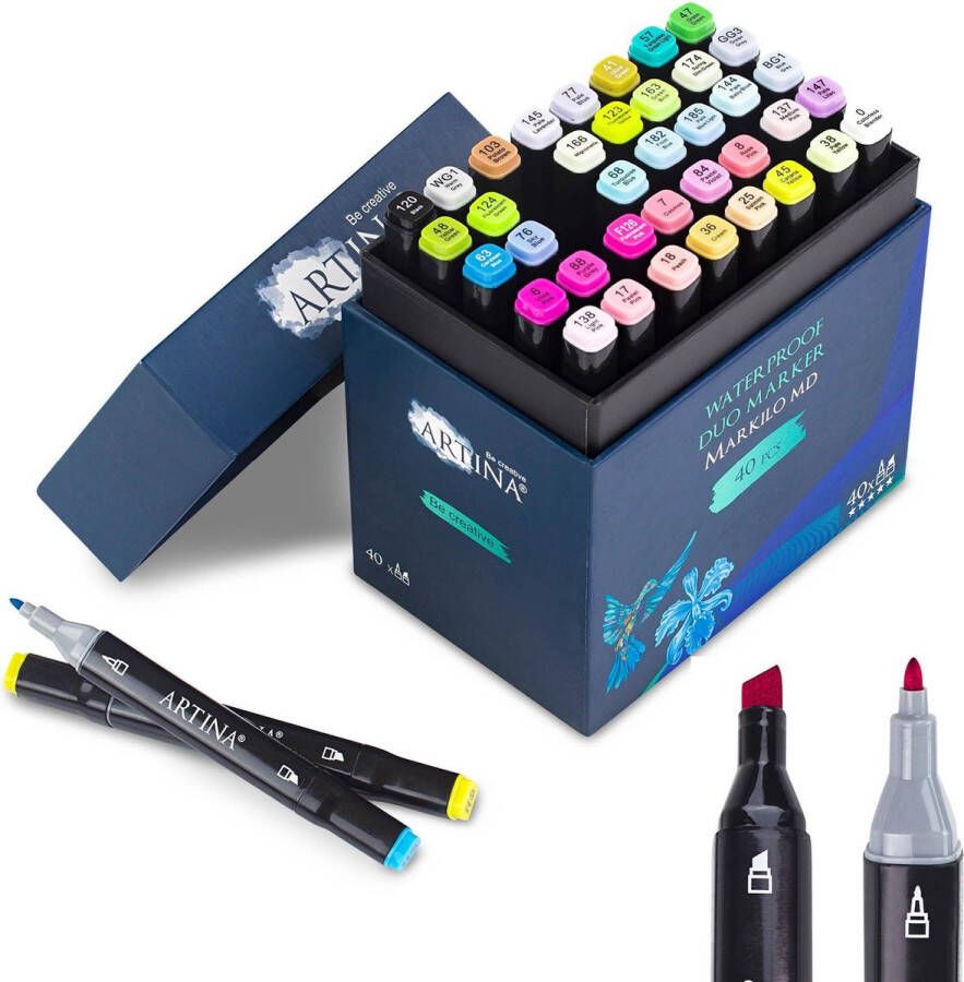 Artina Markilo MD Set van 40 Viltstiften dubbele punt – Twinmarkers – Stiften Markers voor Manga Graffiti Fashion mini 3mm en medium 6mm