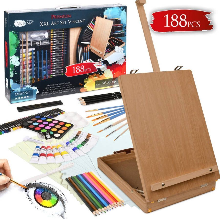 Artina Schilderset 188-delig XXL Tafelezel en Tekendoos incl. Aquarelverf Acrylverf Potloden Penselen Vincent
