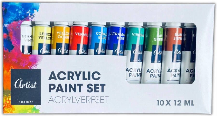 Merkloos Acrylverf tubes in 12 kleuren 12 ml Hobby knutselmateriaal Schilderij maken Hobbyverf