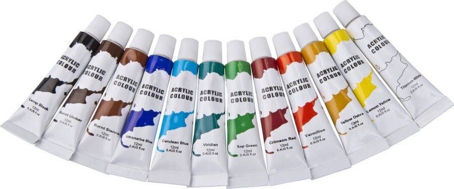 Artist & Co Setje acryl verf tubes 12 kleuren met 12 ml inhoud kinderen volwassenen Hobbyverf