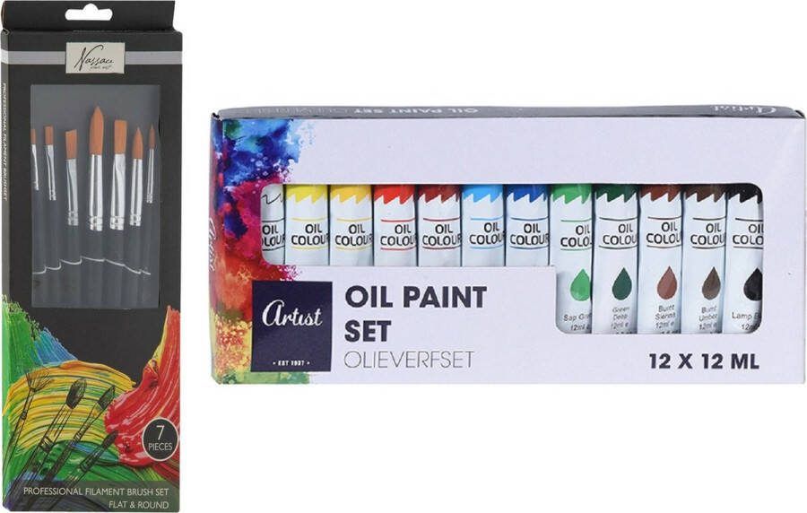 Artist & Co Acrylverf schilderset 12x gekleurde tubes van 12 ml met 7x schilderpenselen