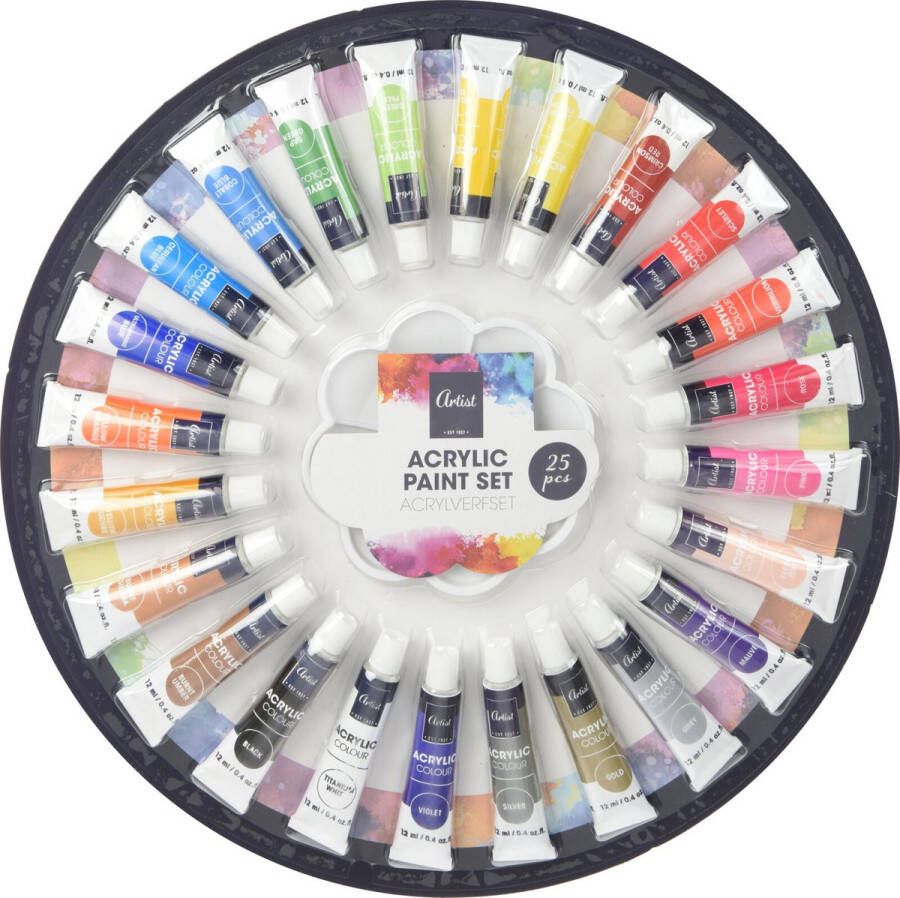 Artist & Co 24x Acrylverf hobbyverf tubes 12 ml met rond schilderspalet Schilderen Knutselen