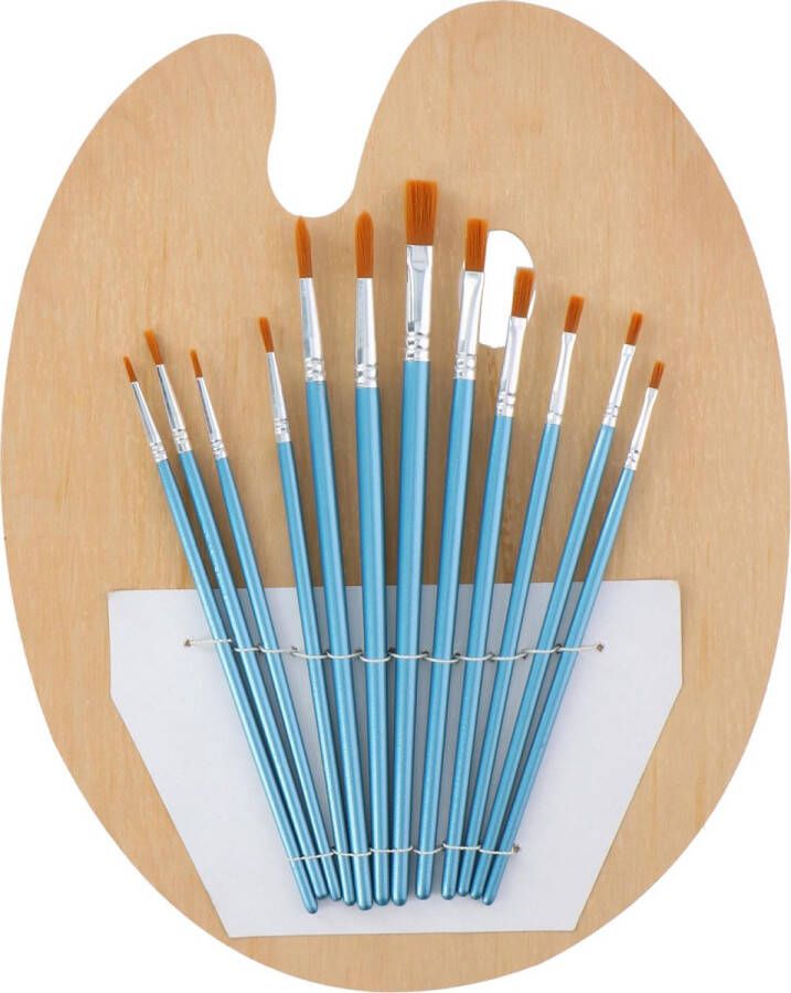 Artist & Co Set van 12x stuks schilder penselen met houten palet Penselen verfkwasten voor kinderen
