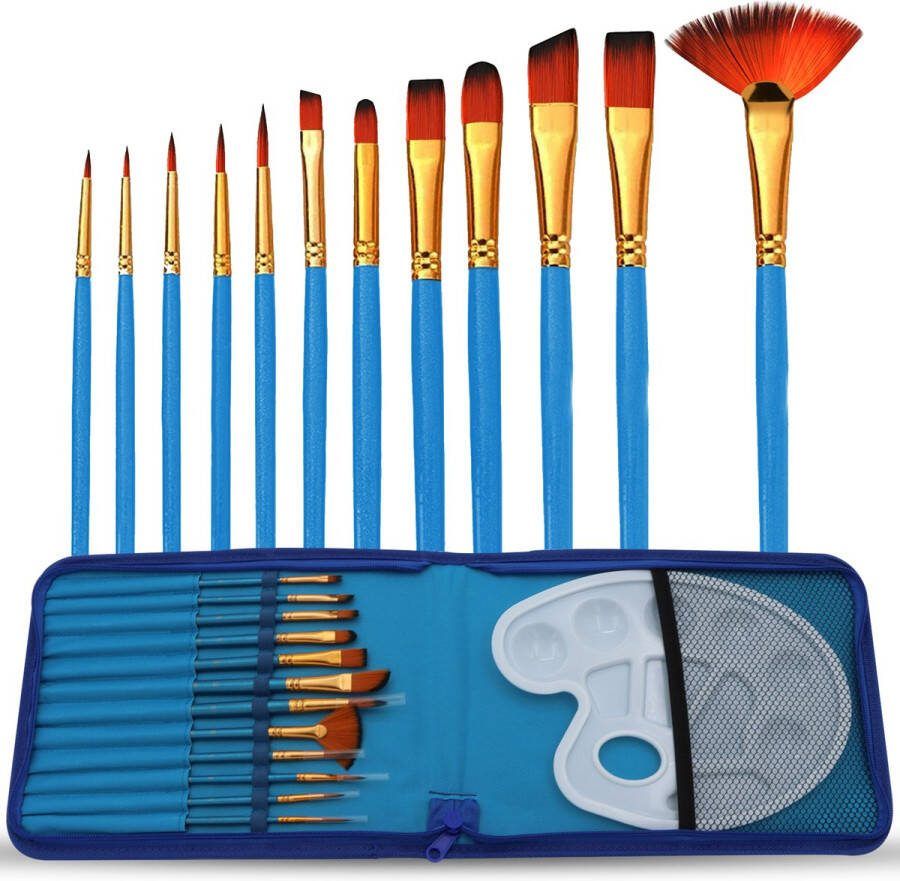ArtJo 13-delige Schilder penselen set schilderspalet etui Penseel voor acrylverf aquarel olieverf modelbouw Penselenset schilderset kinderen volwassenen Schilderen Schilderset Waaierpenseel Verfset – Penselenhouder Blauw