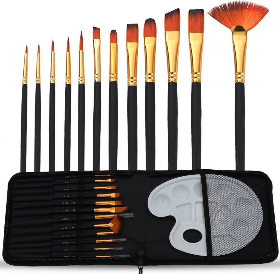 ArtJo 13-delige Schilder penselen set schilderspalet etui Penseel voor acrylverf aquarel olieverf modelbouw Penselenset schilderset kinderen volwassenen Schilderen Schilderset Waaierpenseel Verfset – Penselenhouder Zwart