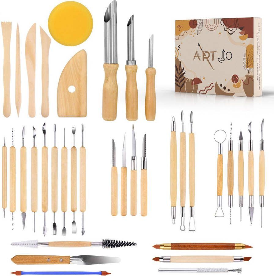 ArtJo Klei Gereedschap Pottenbakken Boetseren Boetseer Set Beeldhouwen voor Kind Kinderen Volwassenen Voor Beginners Boetseergereedschap Met Boetseerspatel Spatels Mes Mesjes Mirettes Keramiek Polymeer Boetseerklei Modelleer Kleigereedschap