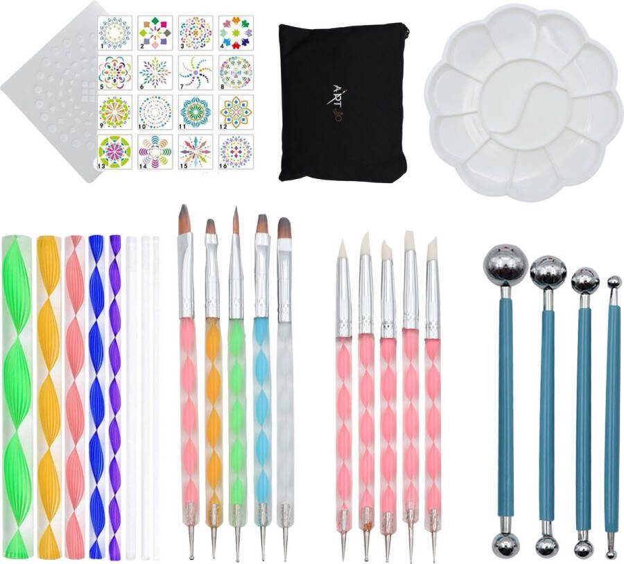 ArtJo Mandala set 32 stuks Schilderen Dotting Tools Verf accessoires – Schilderset – Sjabloon Tekenen Voor Volwassenen Penselen Sjablonen Nail art