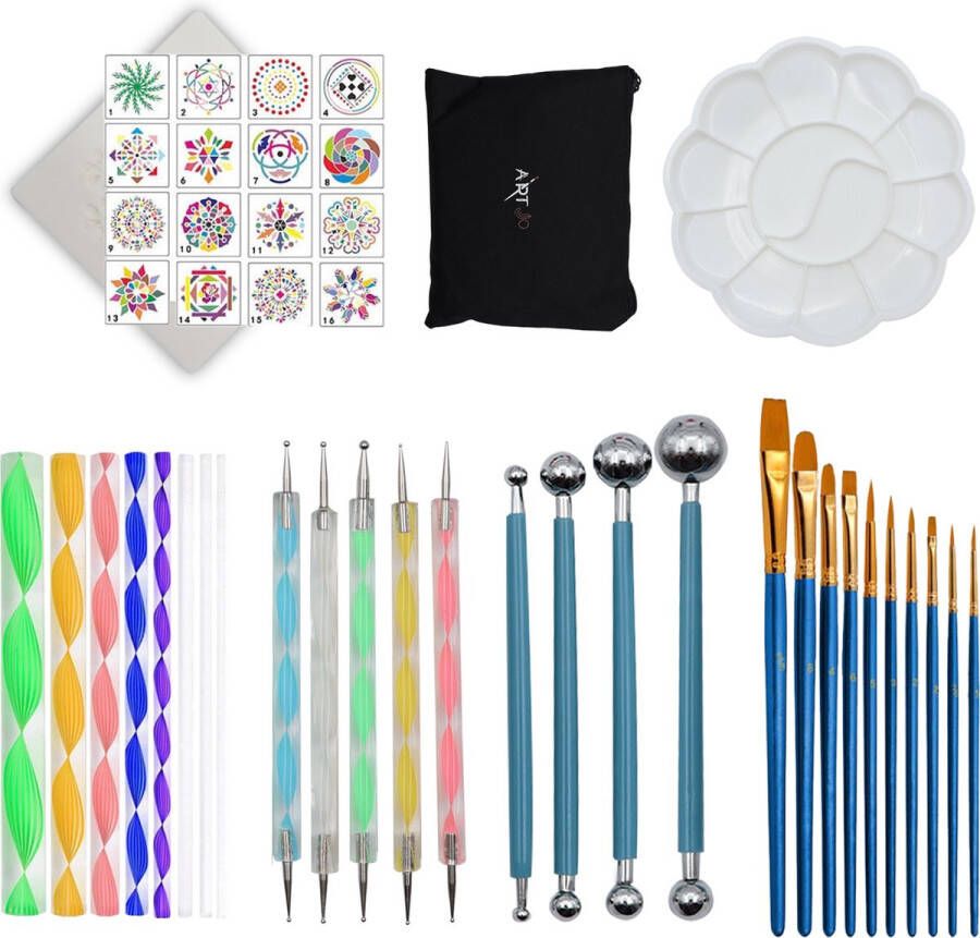 ArtJo Mandala set 44 stuks Schilderen Dotting Tools Verf accessoires – Schilderset – Sjabloon Tekenen Voor Volwassenen Penselen Sjablonen Nail art