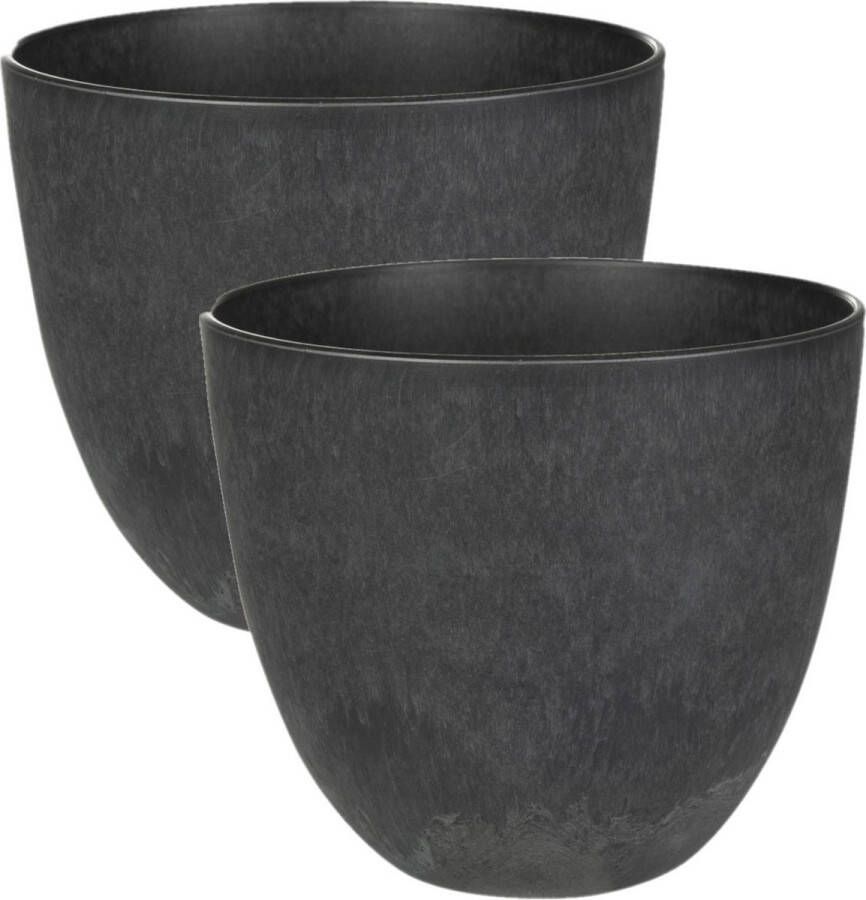 Ter Steege 2x stuks plantenpot bloempot in een natuursteen look Dia 17 cm en Hoogte 15 cm in het Artstone zwart voor binnen buiten