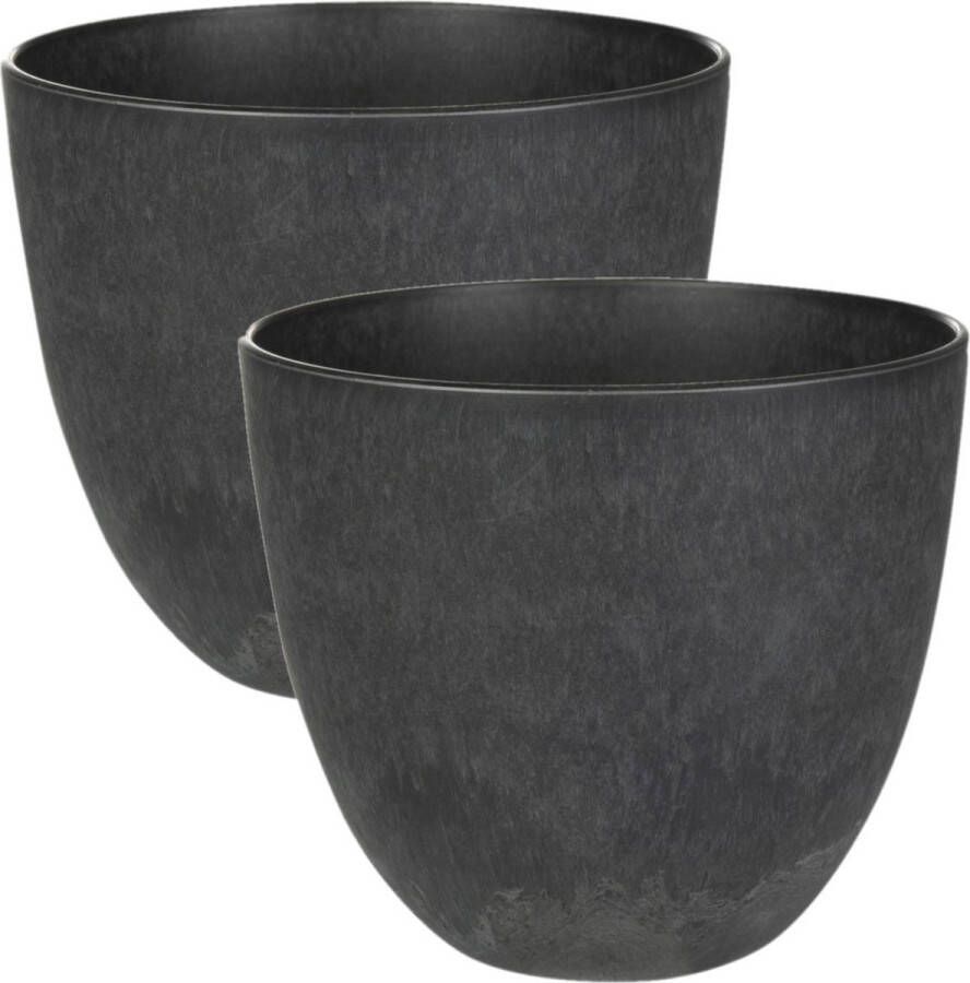 Ter Steege 2x stuks plantenpot bloempot in een natuursteen look Dia 23 cm en Hoogte 20 cm in het Artstone zwart voor binnen buiten