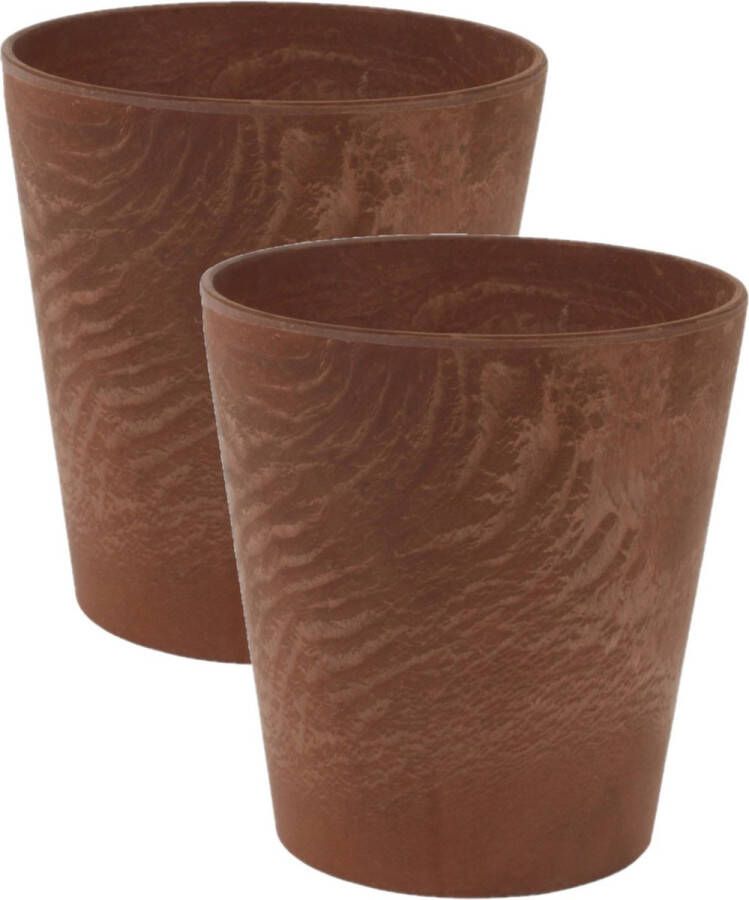 Ter Steege 2x stuks plantenpot bloempot tijdloze natuursteen look Dia 17 cm en Hoogte 15 cm in het Artstone dark terra cotta voor binnen buiten