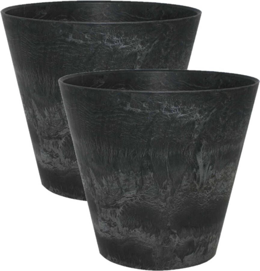 Ter Steege 2x stuks plantenpot bloempot tijdloze natuursteen look Dia 17 cm en Hoogte 15 cm in het Artstone zwart voor binnen buiten