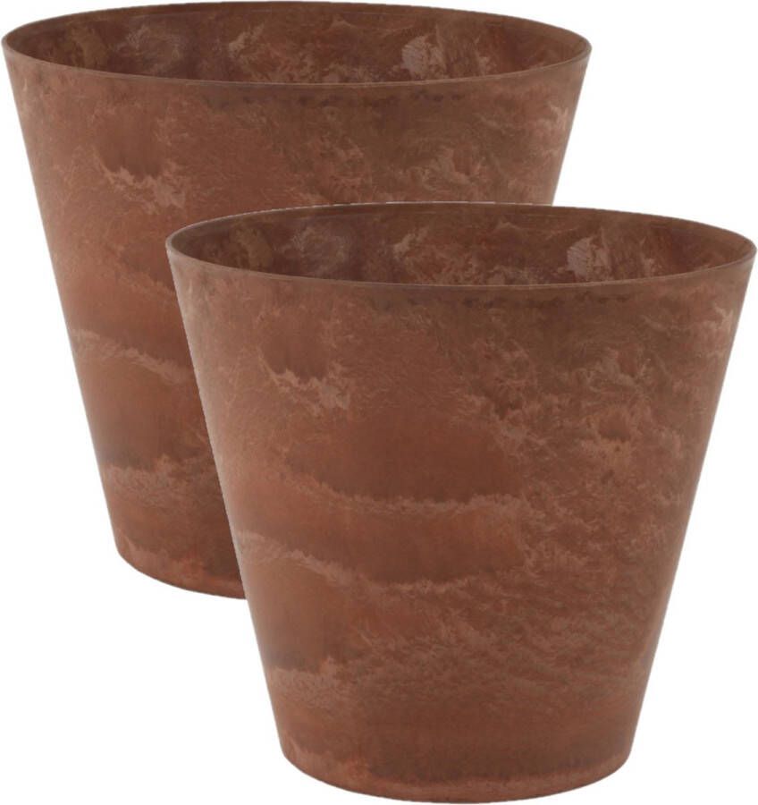 Ter Steege 2x stuks plantenpot bloempot tijdloze natuursteen look Dia 22 cm en Hoogte 20 cm in het Artstone dark terra cotta voor binnen buiten