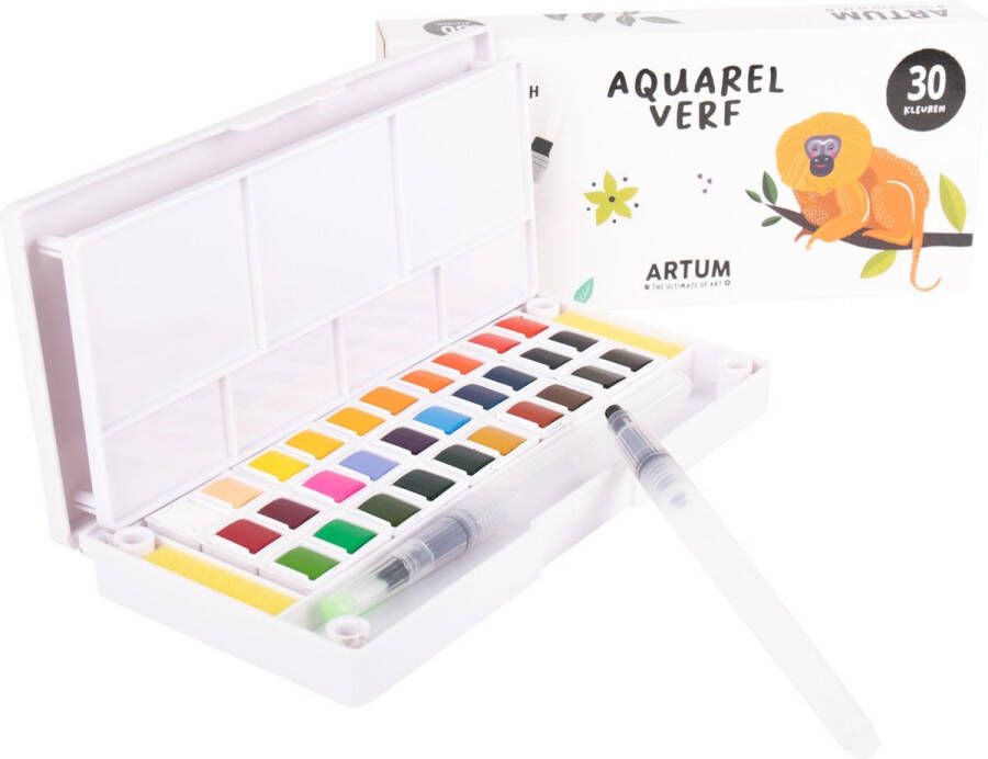 Artum 30 Kleuren Aquarelverf Beginner Set Inclusief 2 Water Brush Pennen Waterverf Pakket Volwassenen & Kinderen Waterbrush