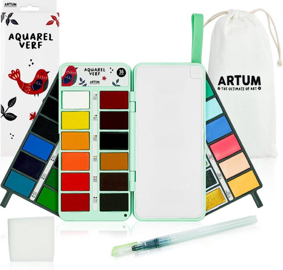 Artum Aquarelverf Set met 36 Kleuren Met Waterbrush en Spons Waterverf Schilderen Handlettering Brush Pennen