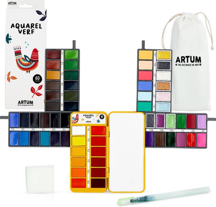 Artum Aquarelverf Set met 60 Kleuren Met Waterbrush en Spons Waterverf Schilderen Handlettering Brush Pennen