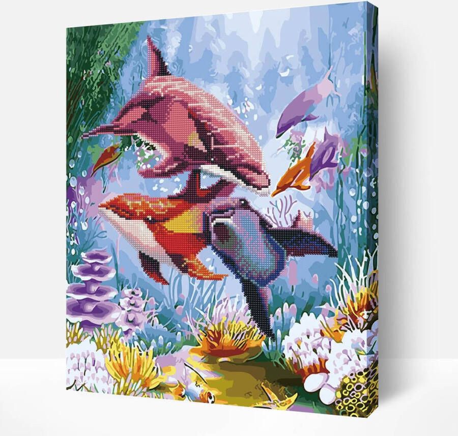 Arty Bee Schilderen Op Nummer Volwassenen DIY Hybrid Paint By Number Diamond Painting Compleet Hobby Pakket op Frame met Vernis Dolfijnen Feest 40x50cm