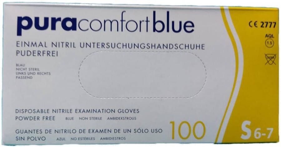 ARTYKULY JEDNORAZOWE Puracomfort Wegwerphandschoenen Nitrile Maat S 6-7 100 stuks Poedervrij Blauw