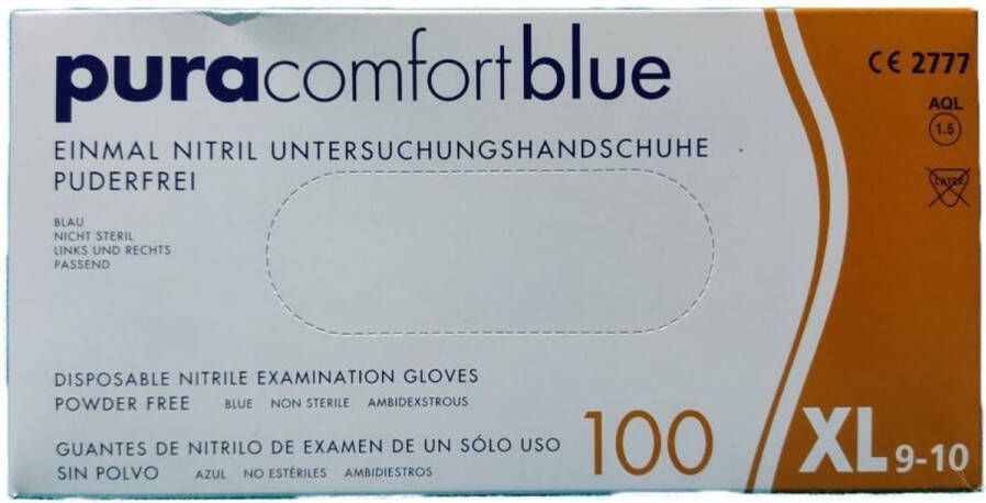 ARTYKULY JEDNORAZOWE Puracomfort Wegwerphandschoenen Nitrile Maat XL 9-10 100 stuks Poedervrij Blauw