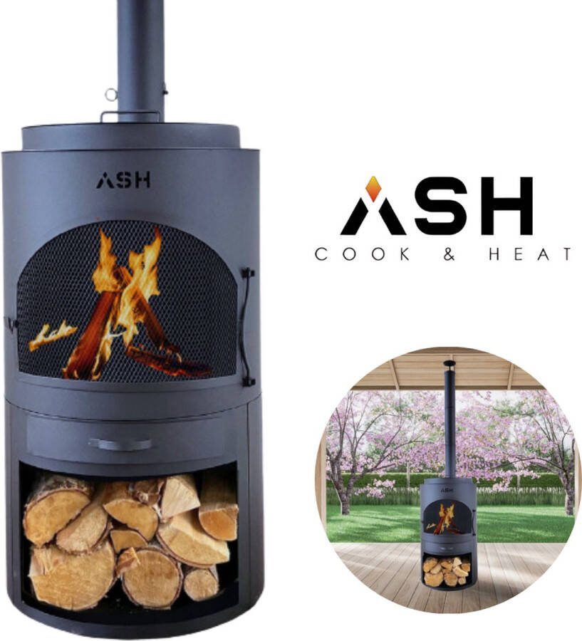 Ash Sunset Grote Tuinhaard met BBQ Houtkachel Vuurkachel Terraskachel 3 in 1 Terr aard voor sfeervolle avonden Zwarte Tuinkachel 47x47x191 cm