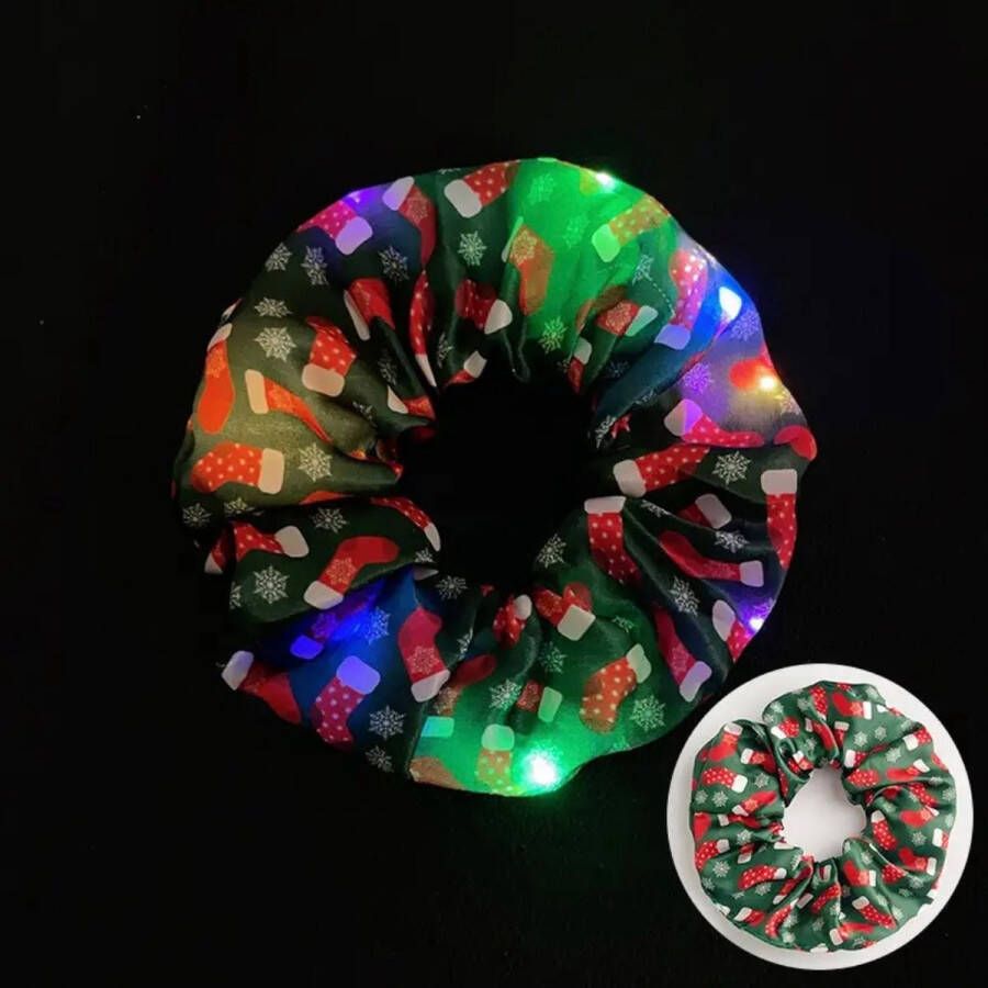 Astra Scrunchie Kerst Led Scrunchie Groen met sokken Kerstdiner kerst led kerst scrunchie kerst Haarelastiek lichtjes Kerst