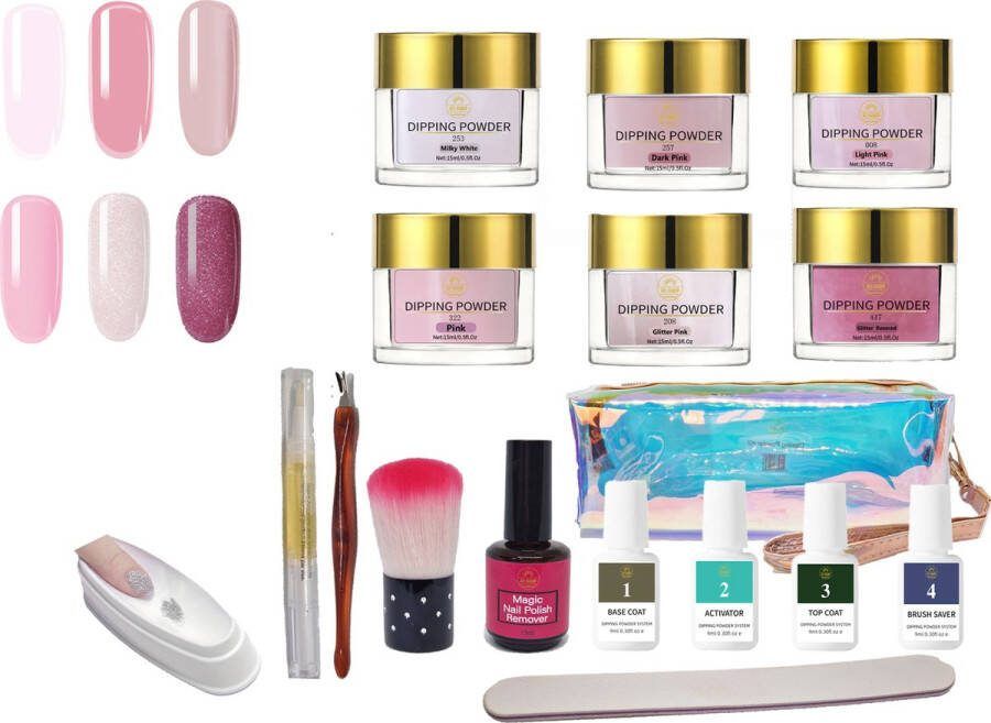 At-shop Dipping Powder- Starters kit -6 kleuren- COMPLETE SET inclusief REMOVER nagelvijl nagelriemolie nagelriemduwer- dippowder bakje- Dip poeder Dip nagel Nailart Nail- Pink Gellac starter set