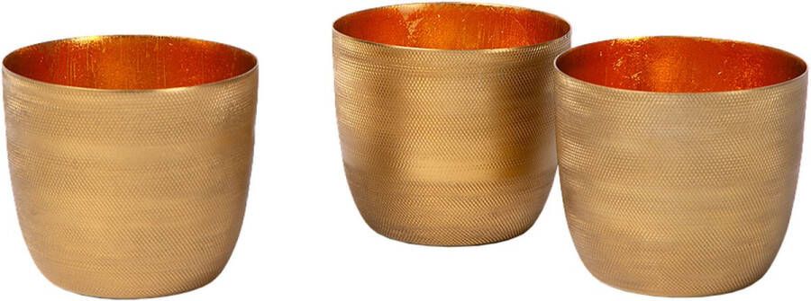Atmooz Jared Theelichthouder Set 3 Stuks Antiek Messing met Gouden Binnenkant Ruitjespatroon 8 x 8 x 7 cm