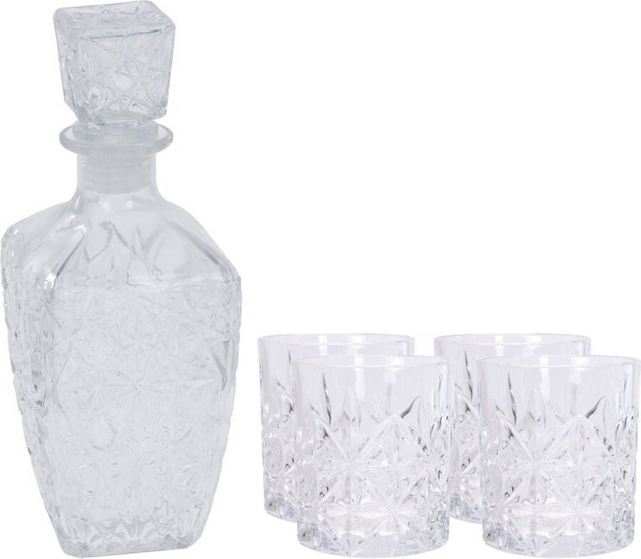 Atmosphera Atmos Fera whisky water karaf 750 ml met 4x stuks whiskyglazen 230 ml Whiskeyglazen