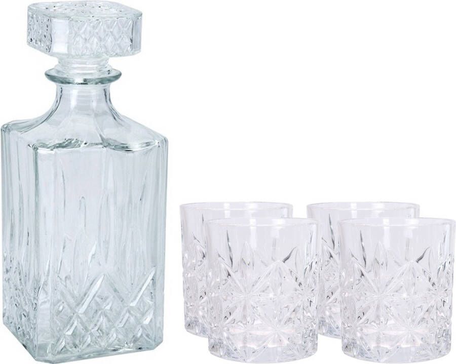 Atmos Fera glazen whisky water karaf 900 ml met 4x luxe whiskyglazen 230 ml Genieters of cadeau set