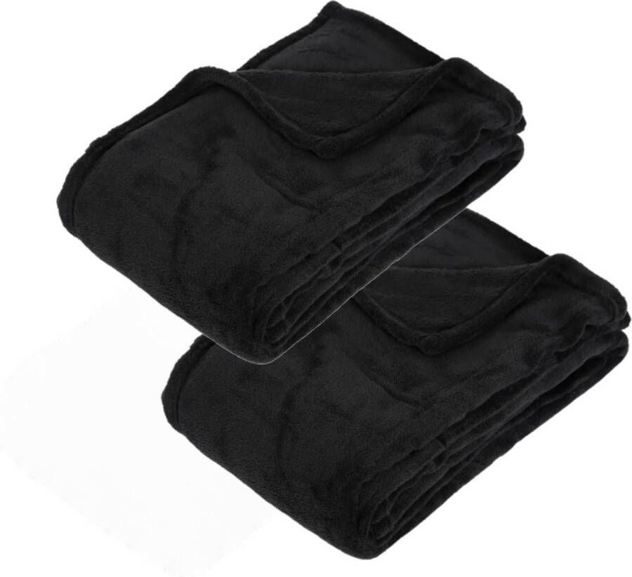 Atmosphera 2x Stuks Fleece deken fleeceplaid zwart 125 x 150 cm polyester Bankdeken Fleece deken Fleece plaid