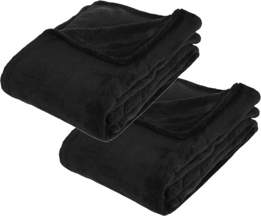 Atmosphera 2x Stuks Fleece deken fleeceplaid zwart 130 x 180 cm polyester Bankdeken Fleece deken Fleece plaid