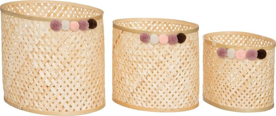 Atmosphera Atmopshera Mandenset pompon set van 3 Opbergers Naturel Bamboe