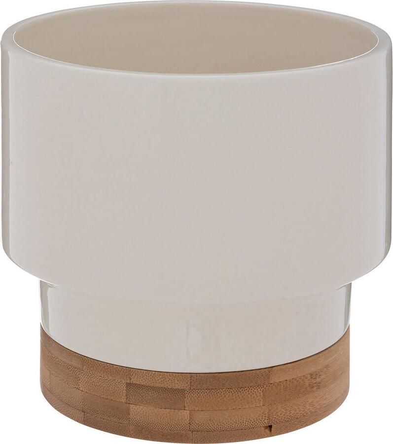Atmosphera Keramische bloempot met bamboe onderzetter hoogte 15 cm