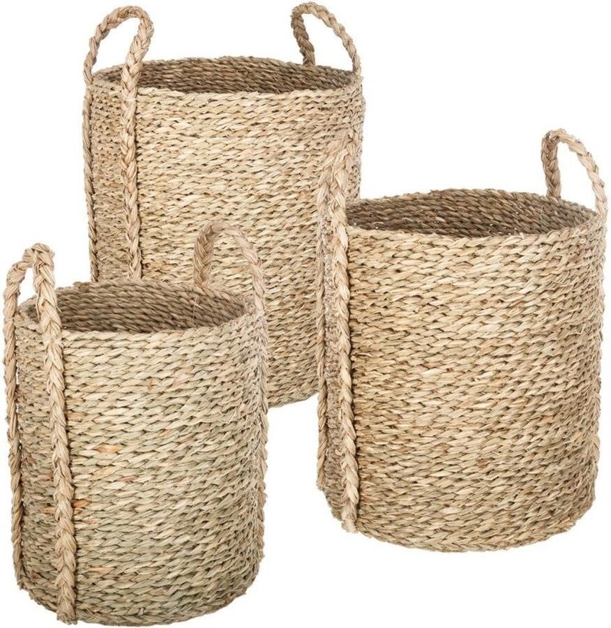 Atmosphera Ronde hoge decoratieve manden met rieten handvatten set van 3