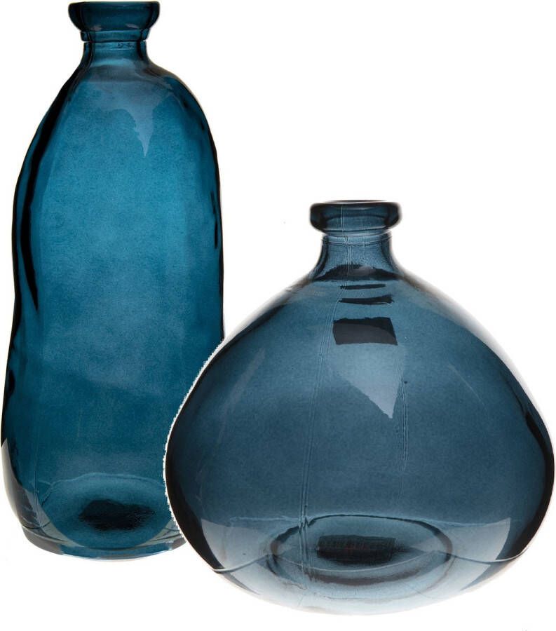 Atmosphera bloemenvazen set 2x Organische fles vorm blauw transparant glas