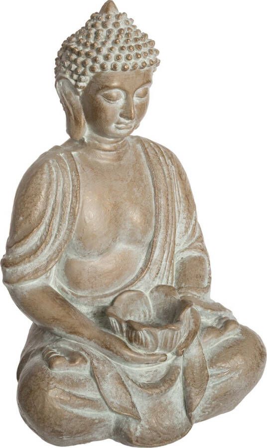 Atmosphera Boeddha beeld zittend binnen buiten kunststeen beige gebleekt 39 cm