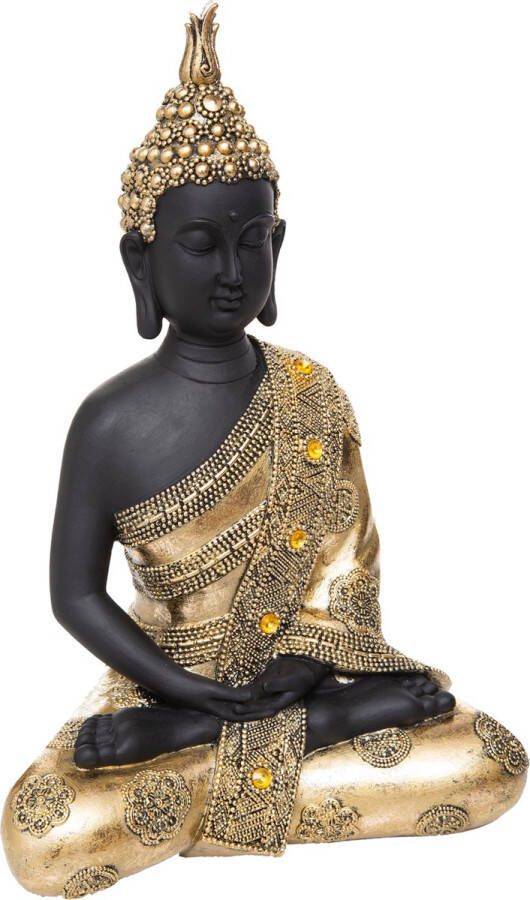 Atmosphera Boeddha beeld zittend binnen buiten polyresin goud zwart 34 cm