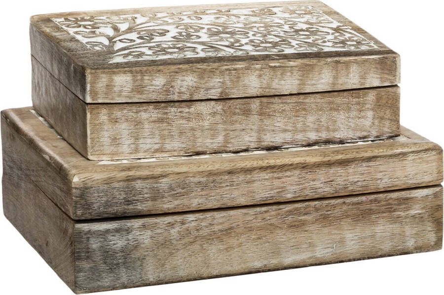 Atmosphera Boutique Trukado Set van 2 Mangohout Opbergdoosjes Ritual Handgemaakt -met ingesneden bloemenmotief warme en natuurlijke uitstraling multifunctioneel (bxhxd) 25cm x 18cm x 5 5cm 21cm x 14cm x 6cm