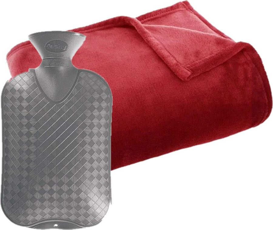 Atmosphera Fleece deken plaid rood 125 x 150 cm en een warmwater kruik 2 liter Plaids