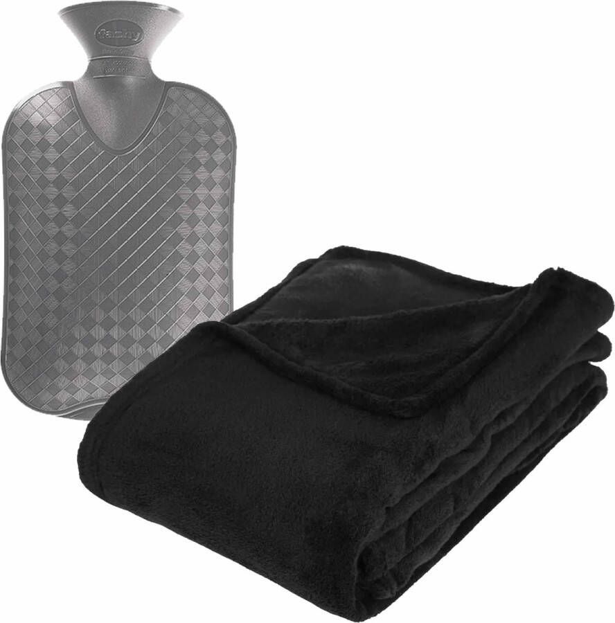 Atmosphera Fleece deken plaid Zwart 130 x 180 cm en een warmwater kruik 2 liter Plaids