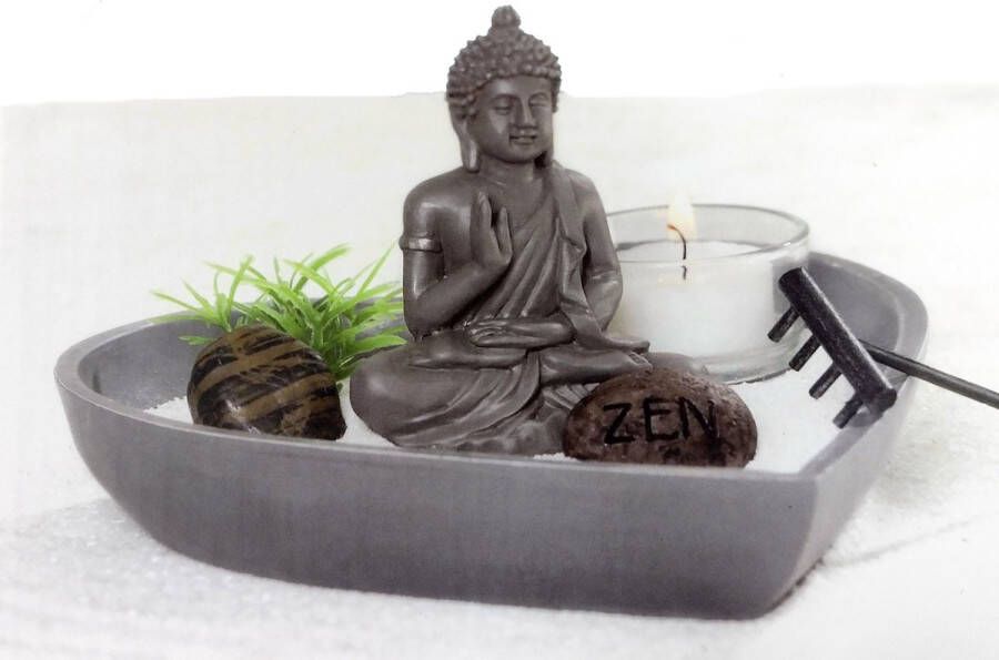 Atmosphera Hartvormig Mini Zen Tuin – Grijs plateau met boeddha zand stenen harkje en kaars