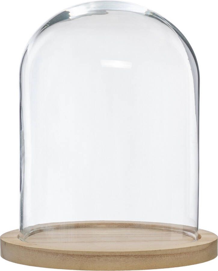 Atmosphera Home decoratie glazen stolp op houten plateau glas lichtbruin D23 x H29.5 cm Decoratieve stolpen