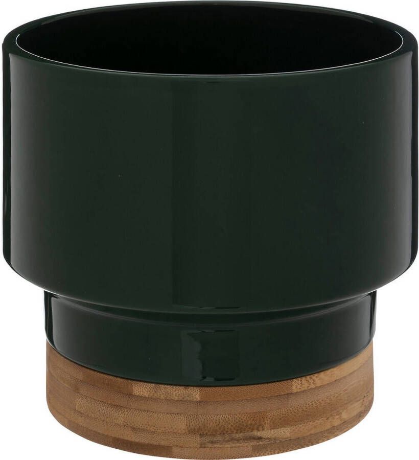 Atmosphera Keramische bloempot met bamboe onderzetter hoogte 15 cm